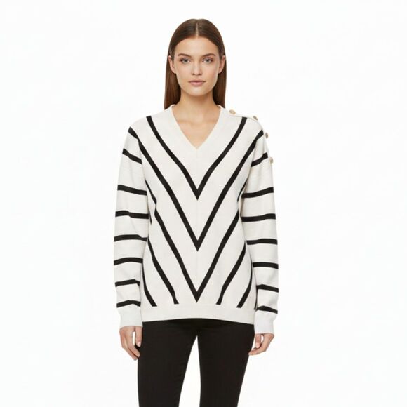 Mazik Striped V-Neck Sweater w/ Gold Buttons - Size Small - Picture 1 of 10